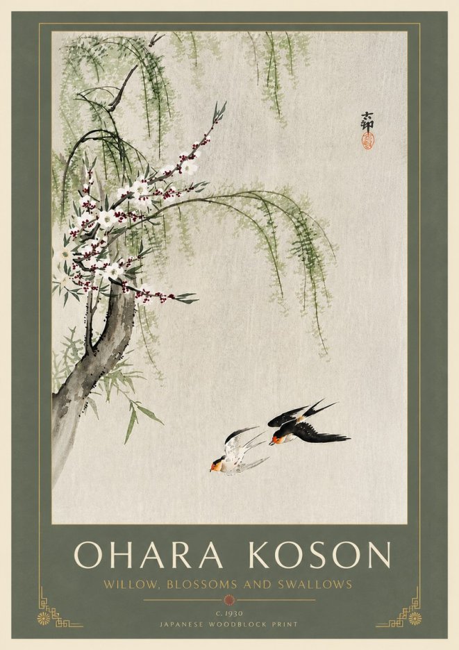 Ohara Koson Willow, Blossoms and Swallows No6 - Poszter