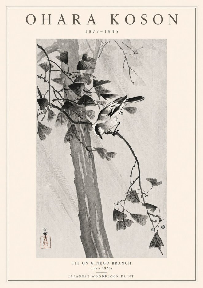 Ohara Koson Tit on Ginkgo Branch No3 - Poszter