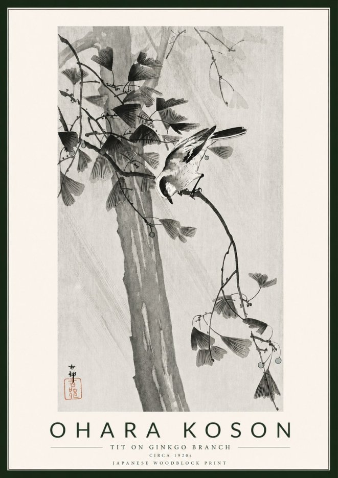 Ohara Koson Tit on Ginkgo Branch No5 - Poszter