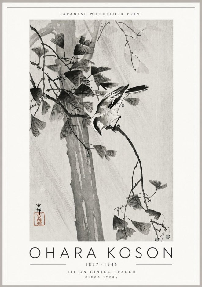 Ohara Koson Tit on Ginkgo Branch No6 - Poszter