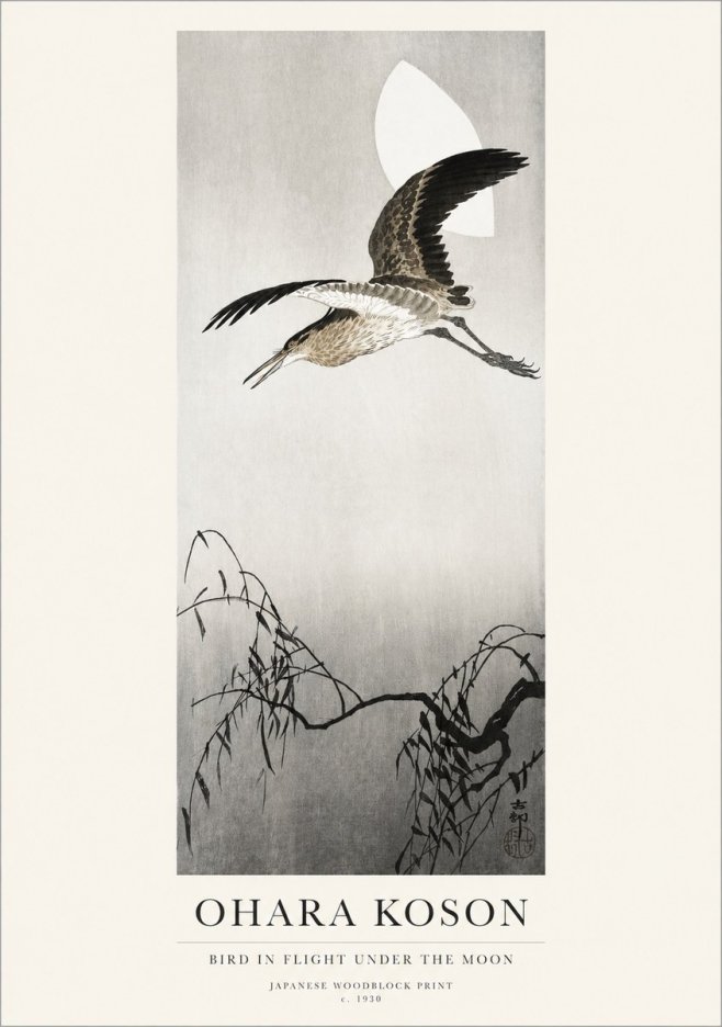 Ohara Koson Bird in Flight Under the Moon No1 - Poszter