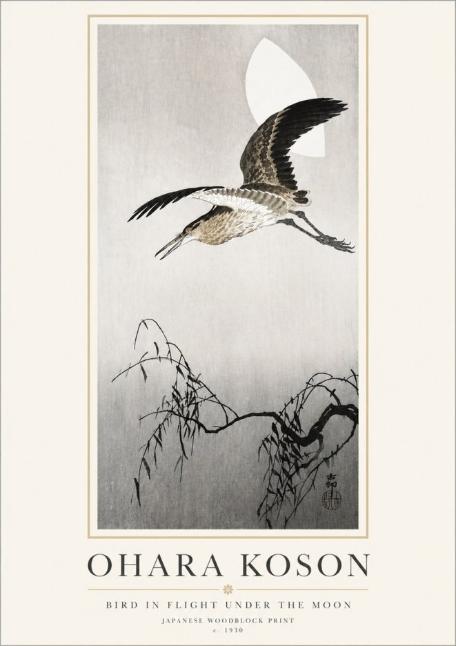 Ohara Koson Bird in Flight Under the Moon No3 - Poszter