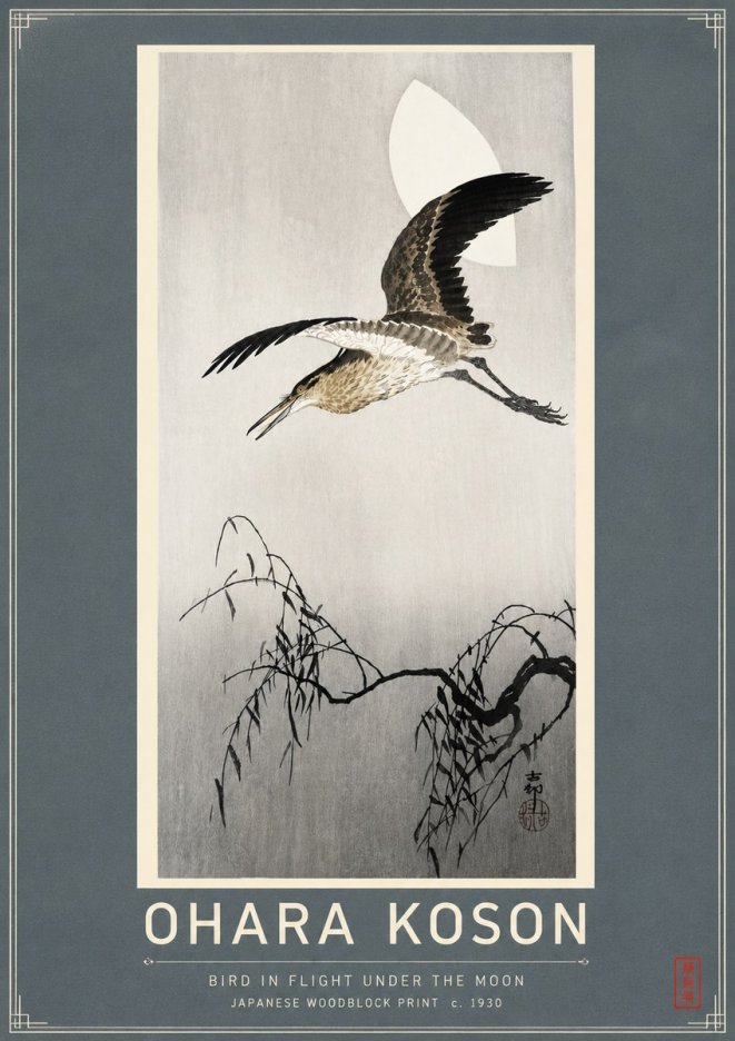 Ohara Koson Bird in Flight Under the Moon No4 - Poszter