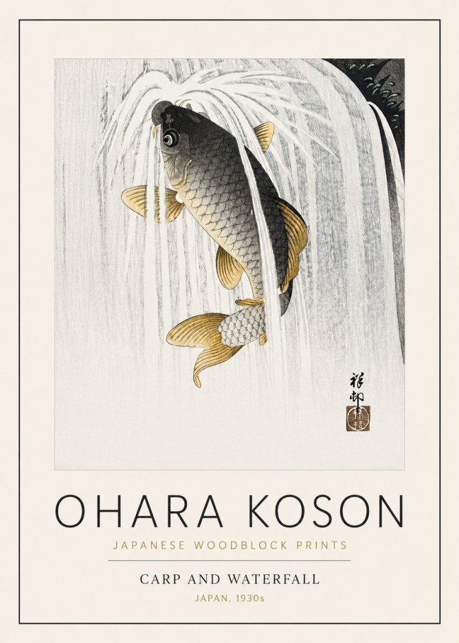 Ohara Koson Carp and Waterfall No3 - Poszter