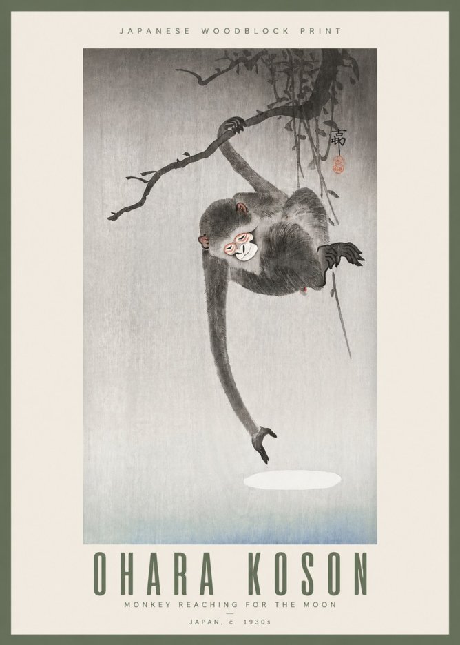 Ohara Koson Monkey Reaching for the Moon No3 - Poszter