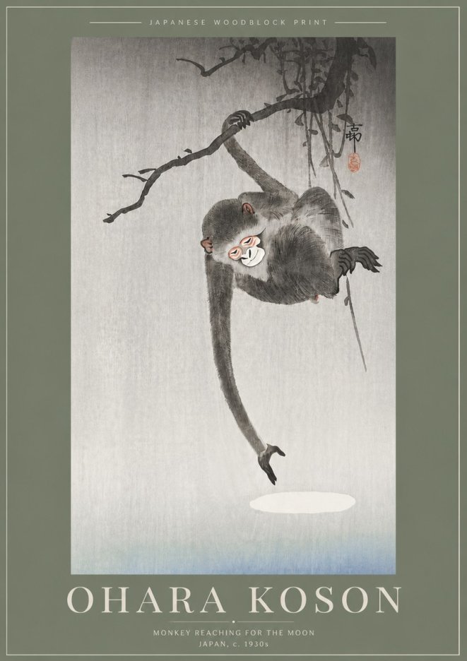 Ohara Koson Monkey Reaching for the Moon No5 - Poszter