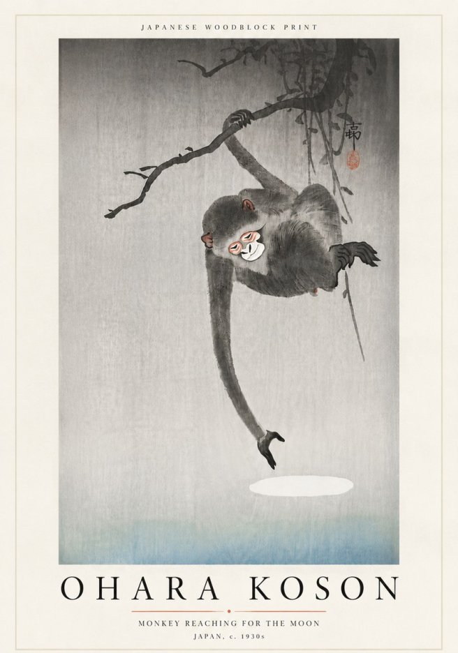 Ohara Koson Monkey Reaching for the Moon No6 - Poszter