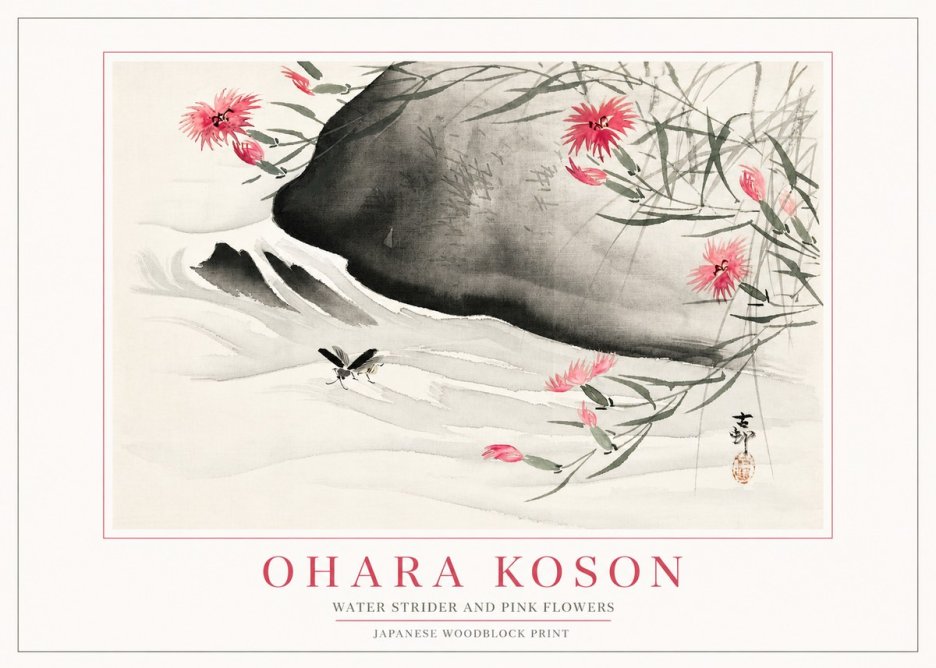 Ohara Koson Water Strider and Pink Flowers No2 - Poszter