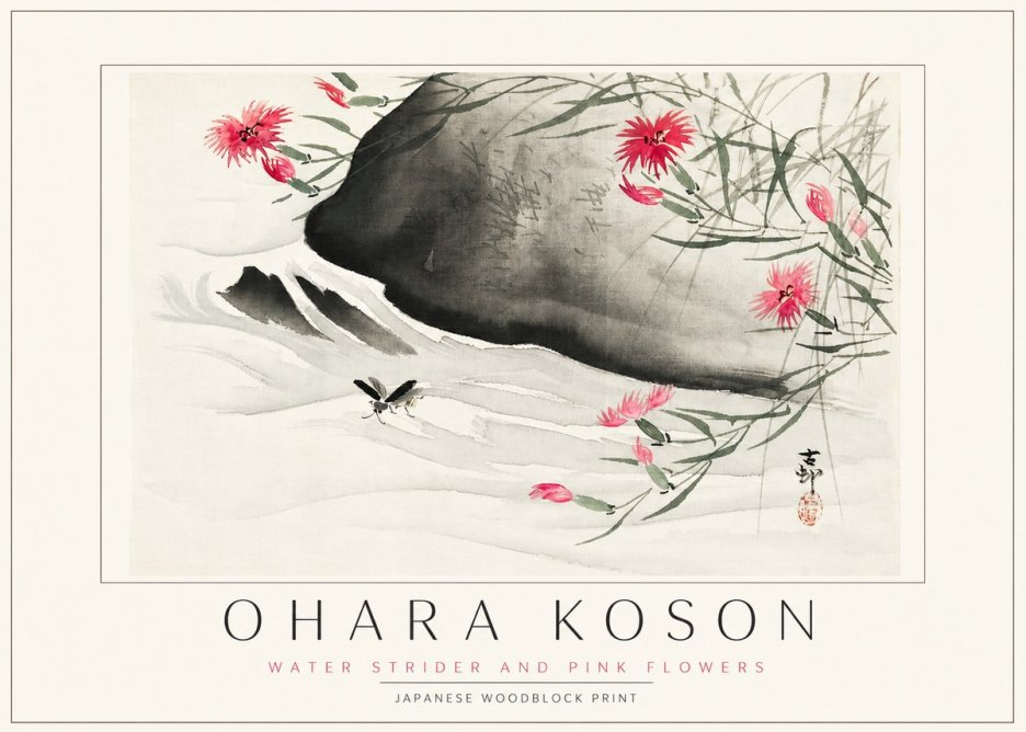 Ohara Koson Water Strider and Pink Flowers No3 - Poszter