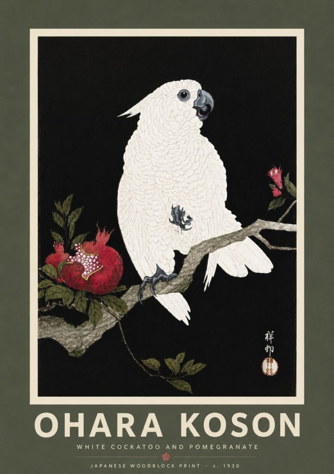 Ohara Koson White Cockatoo and Pomegranate I No5 - Poszter