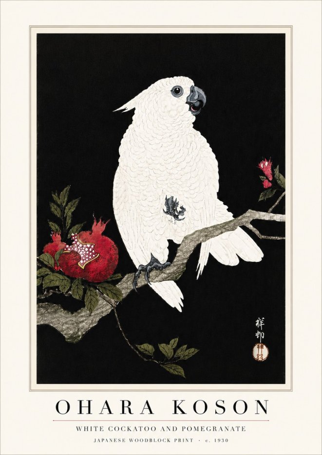 Ohara Koson White Cockatoo and Pomegranate I No6 - Poszter