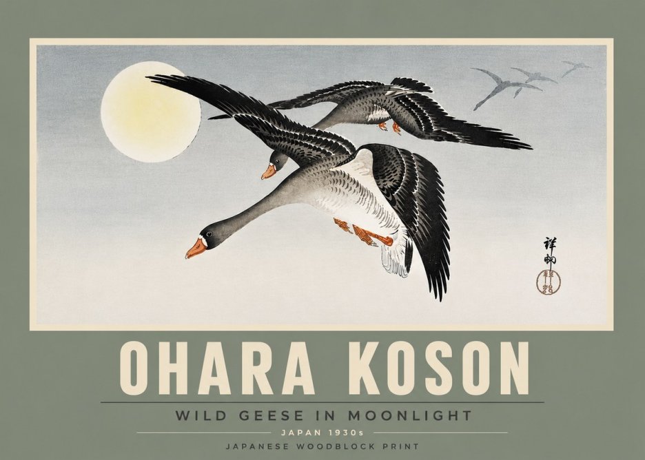 Ohara Koson Wild Geese in Moonlight III No5 - Poszter