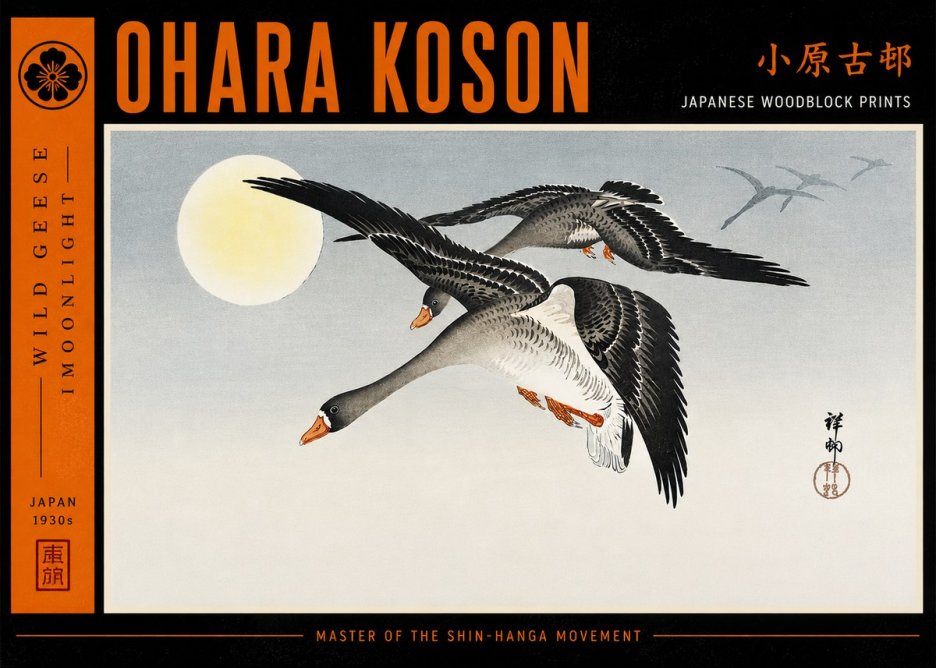 Ohara Koson Wild Geese in Moonlight III No6 - Poszter