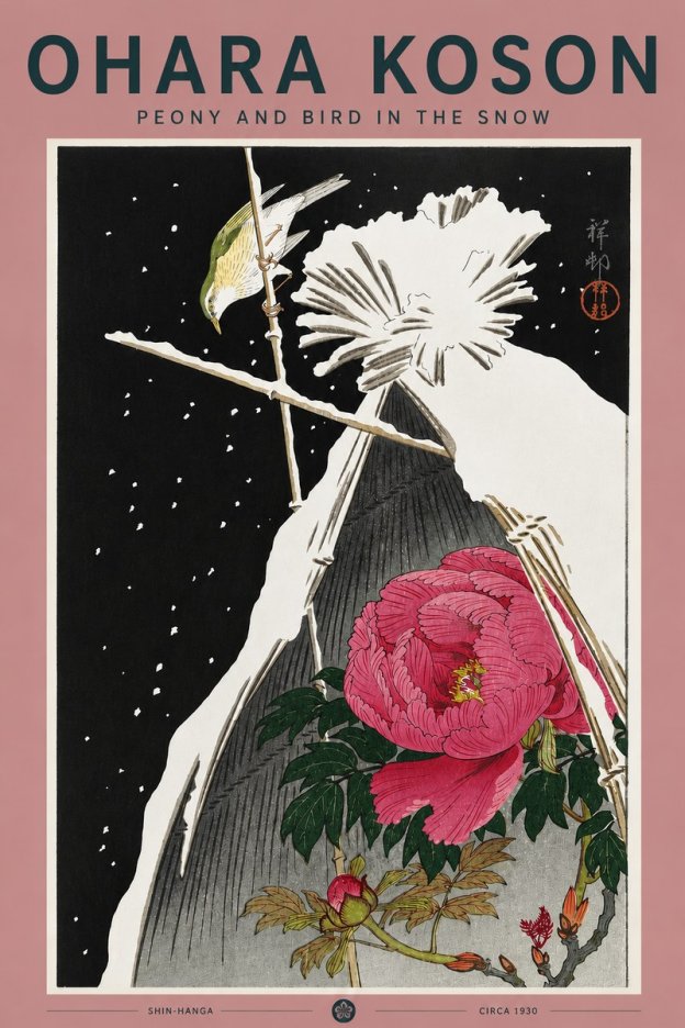 Ohara Koson Peony and Bird in the Snow No5 - Poszter