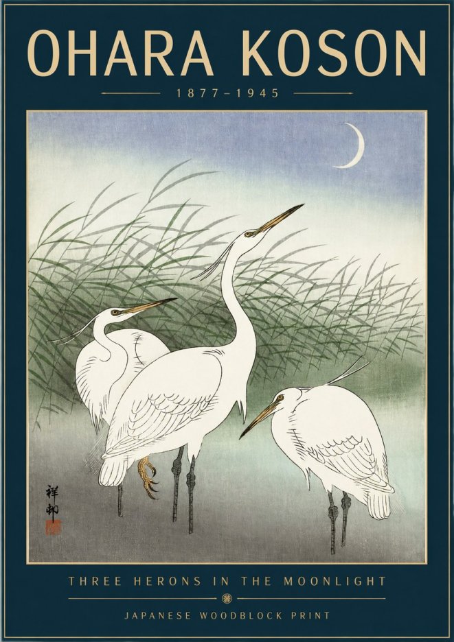 Ohara Koson Three Herons in the Moonlight No2 - Poszter
