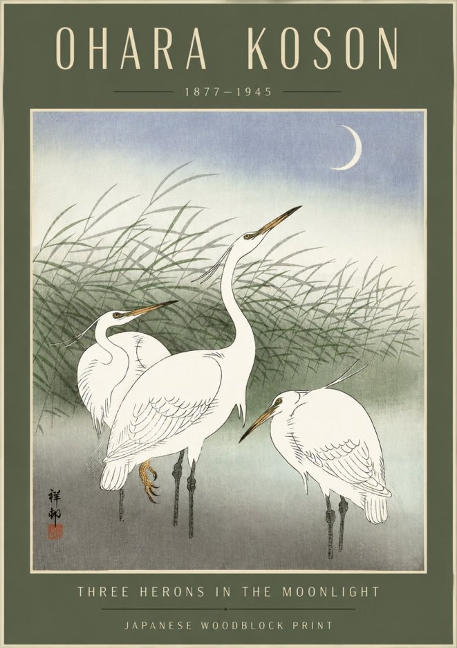 Ohara Koson Three Herons in the Moonlight No4 - Poszter
