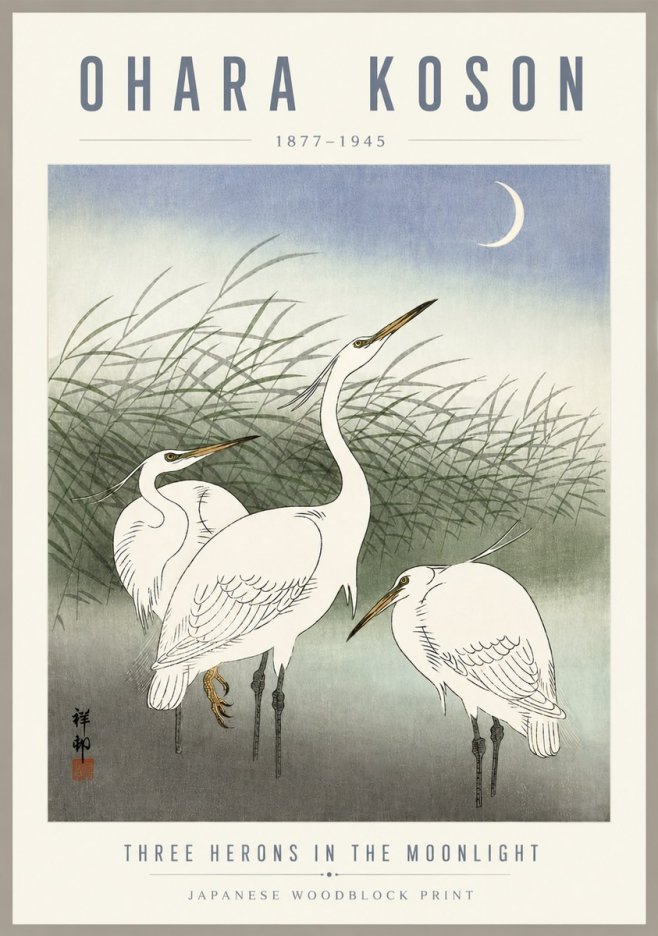 Ohara Koson Three Herons in the Moonlight No5 - Poszter