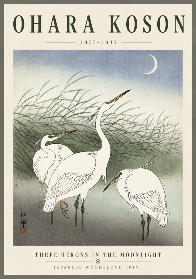 Ohara Koson Three Herons in the Moonlight No6 - Poszter