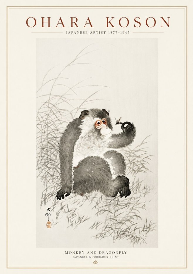 Ohara Koson Monkey and Dragonfly No1 - Poszter