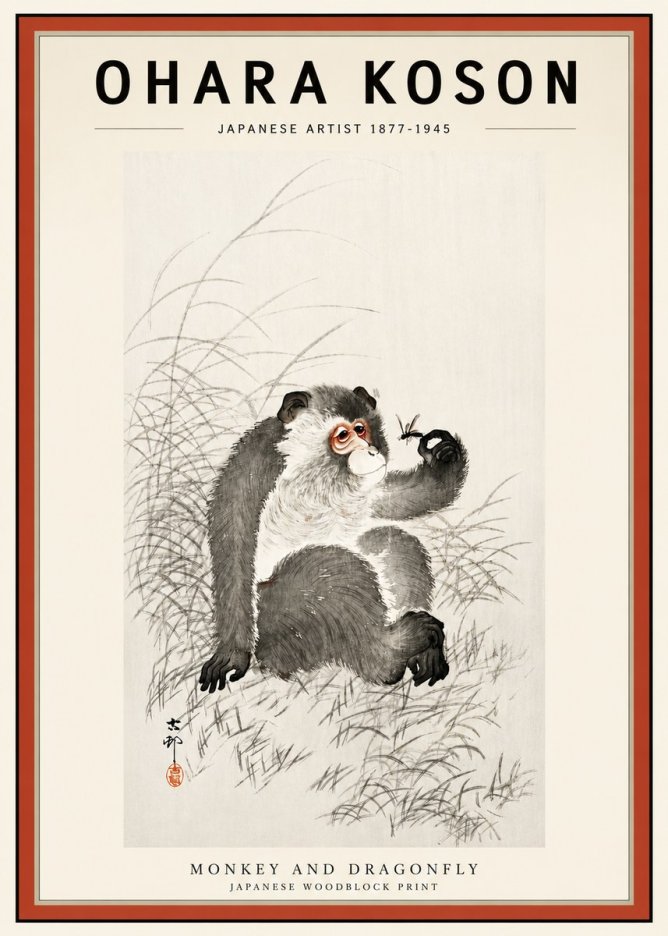 Ohara Koson Monkey and Dragonfly No3 - Poszter