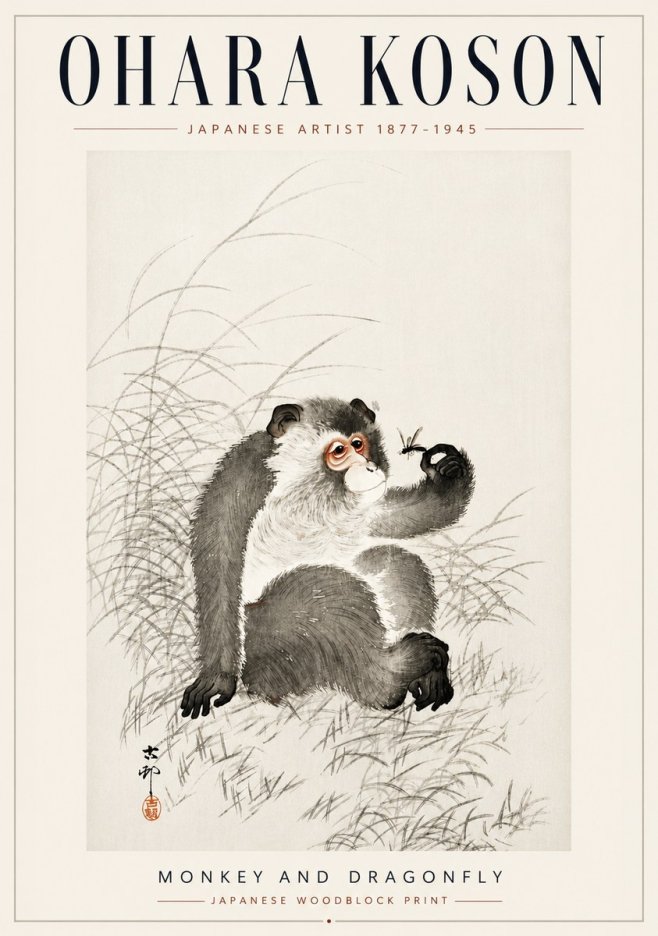 Ohara Koson Monkey and Dragonfly No5 - Poszter