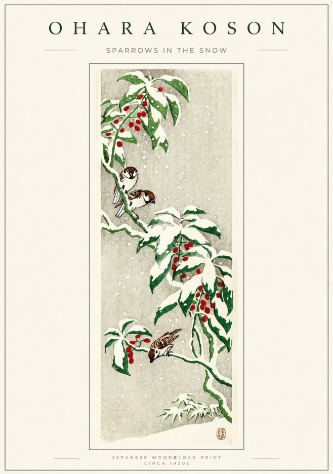 Ohara Koson Sparrows in the Snow No1 - Poszter