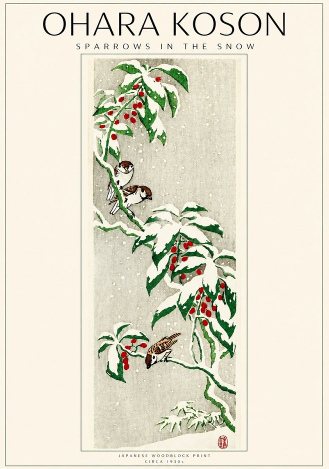 Ohara Koson Sparrows in the Snow No3 - Poszter