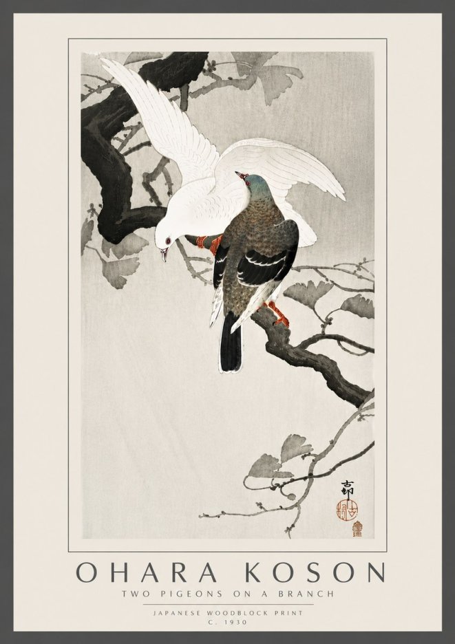 Ohara Koson Two Pigeons on a Branch No6 - Poszter