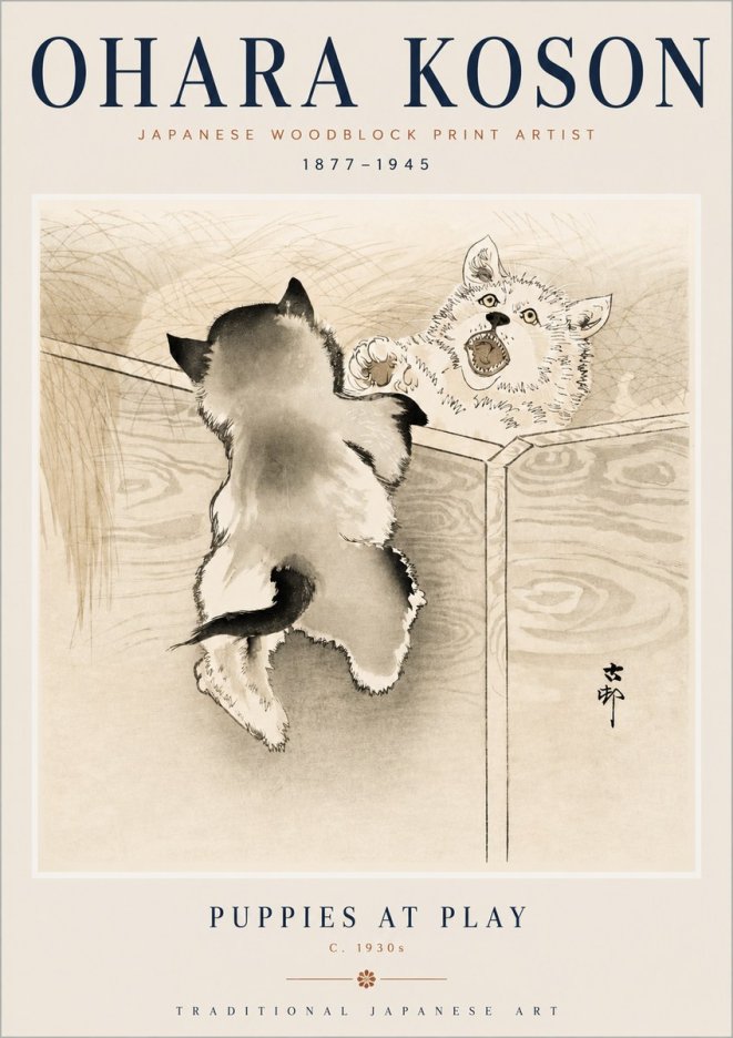 Ohara Koson Puppies at Play No3 - Poszter