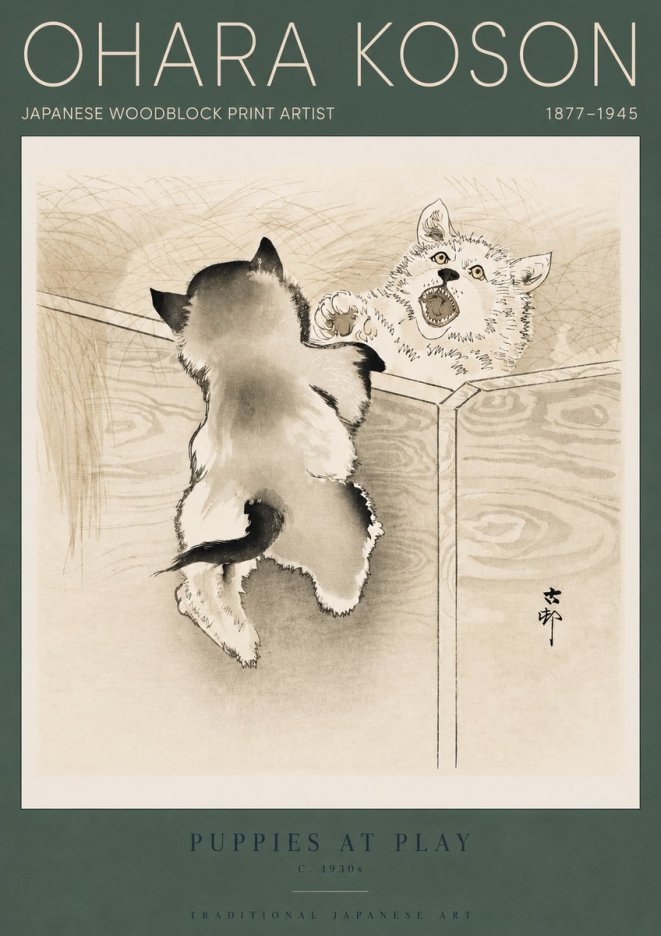 Ohara Koson Puppies at Play No4 - Poszter