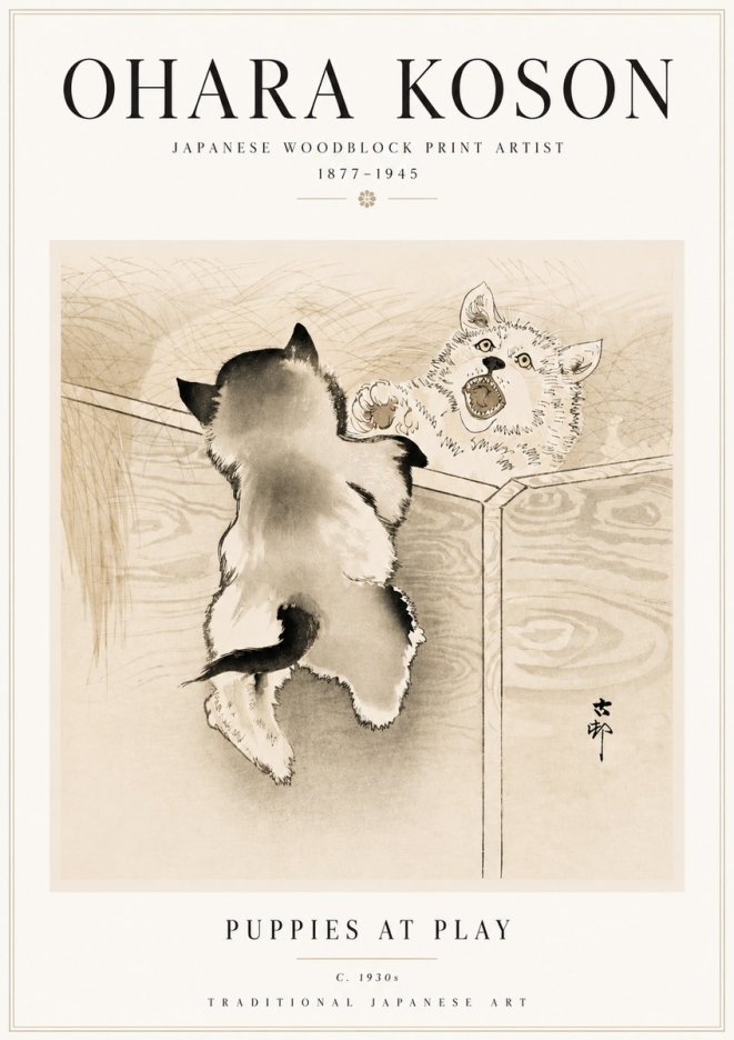 Ohara Koson Puppies at Play No5 - Poszter