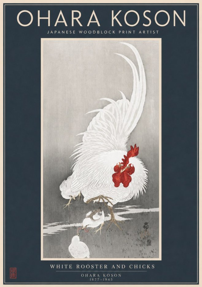 Ohara Koson White Rooster and Chicks No2 - Poszter