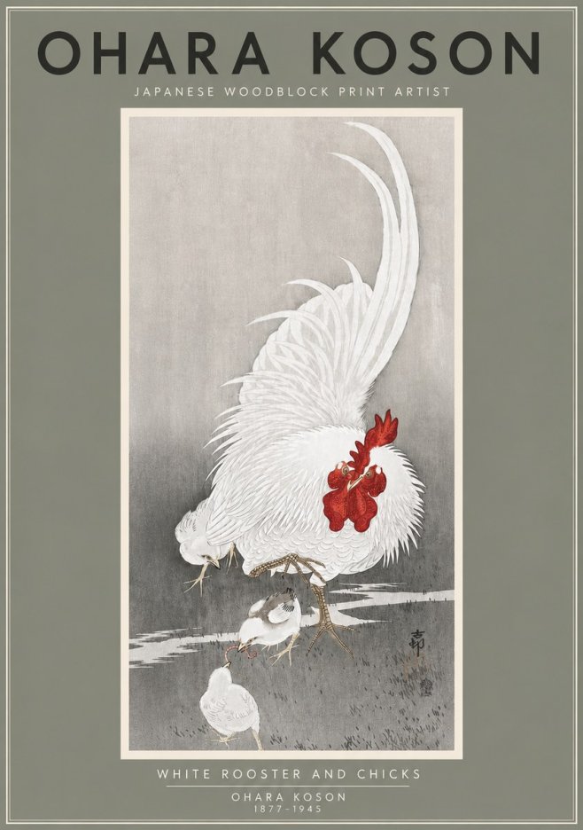 Ohara Koson White Rooster and Chicks No4 - Poszter