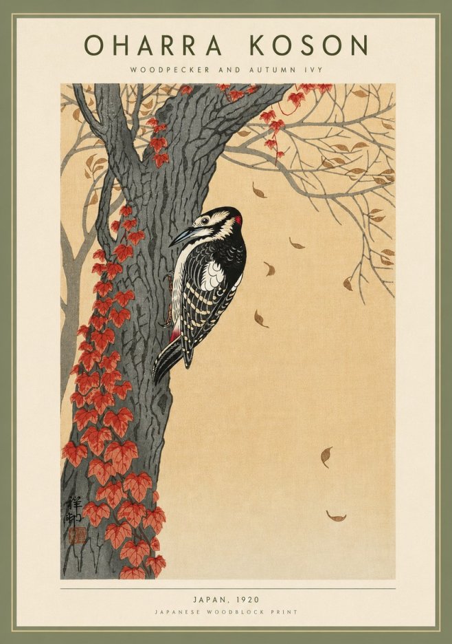 Ohara Koson Woodpecker and Autumn Ivy No4 - Poszter