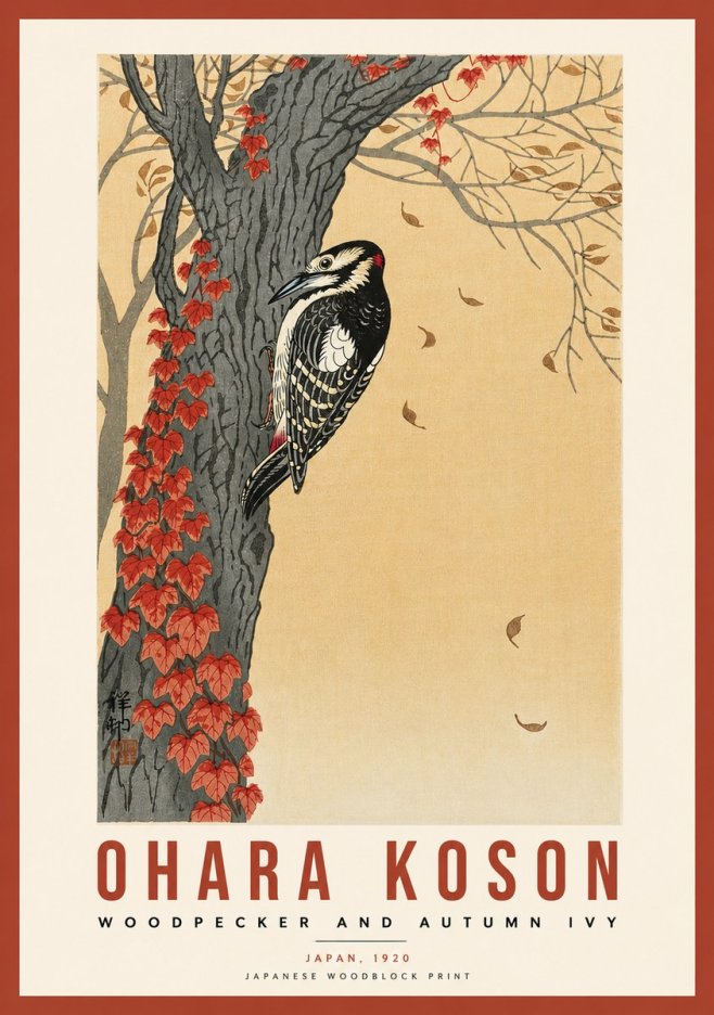 Ohara Koson Woodpecker and Autumn Ivy No5 - Poszter