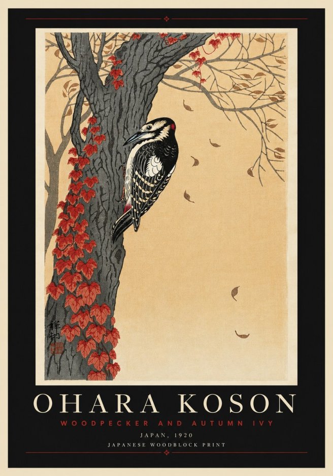 Ohara Koson Woodpecker and Autumn Ivy No6 - Poszter