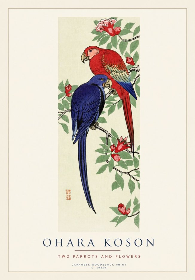Ohara Koson Two Parrots and Flowers No1 - Poszter