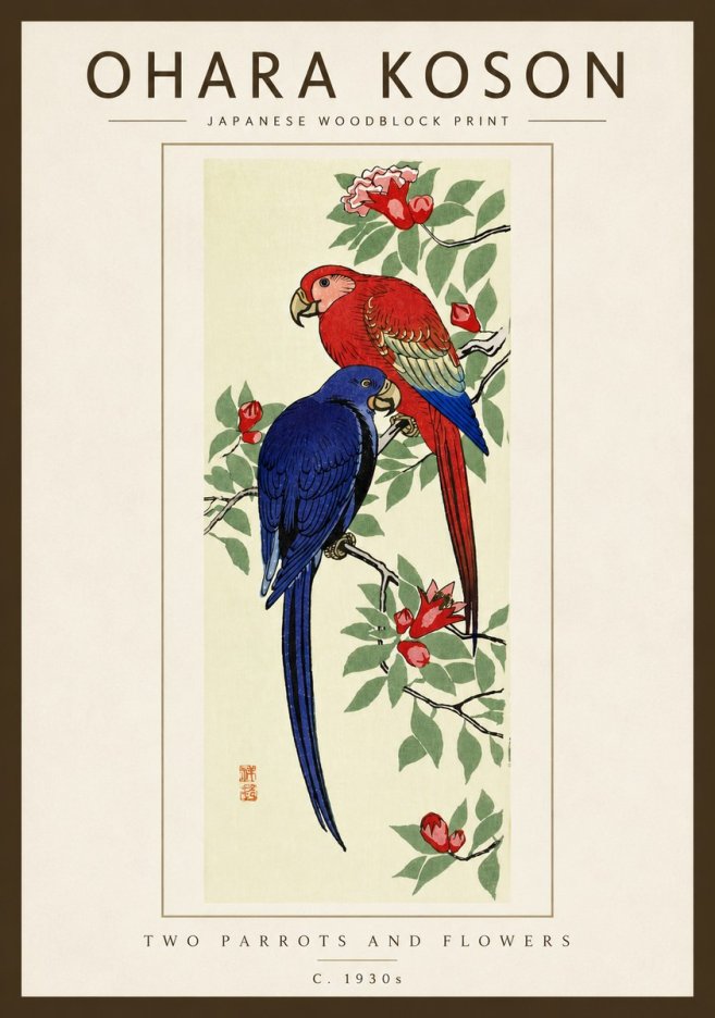 Ohara Koson Two Parrots and Flowers No5 - Poszter
