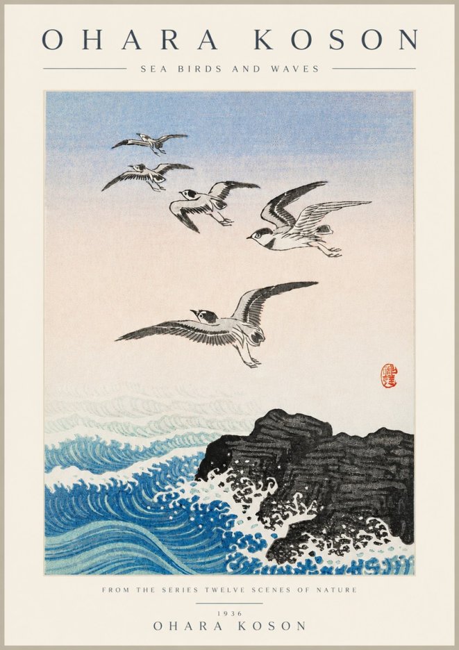 Ohara Koson Sea Birds and Waves No3 - Poszter