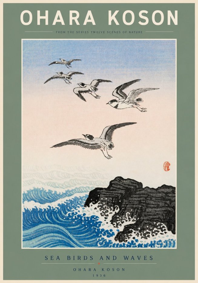Ohara Koson Sea Birds and Waves No5 - Poszter