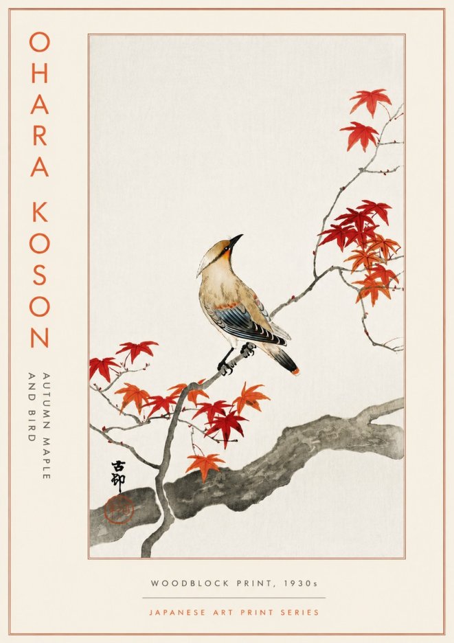 Ohara Koson Autumn Maple and Bird No5 - Poszter