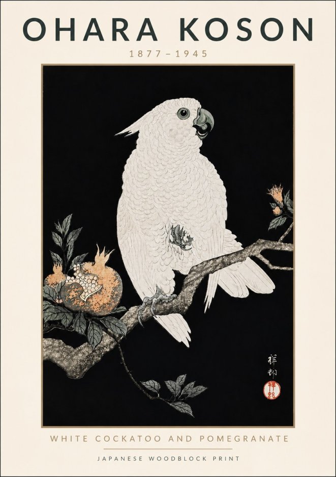 Ohara Koson White Cockatoo and Pomegranate II No4 - Poszter