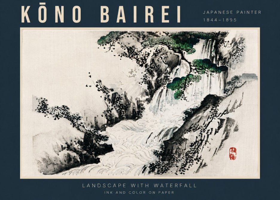 Kōno Bairei Landscape with Waterfall No4 - Poszter