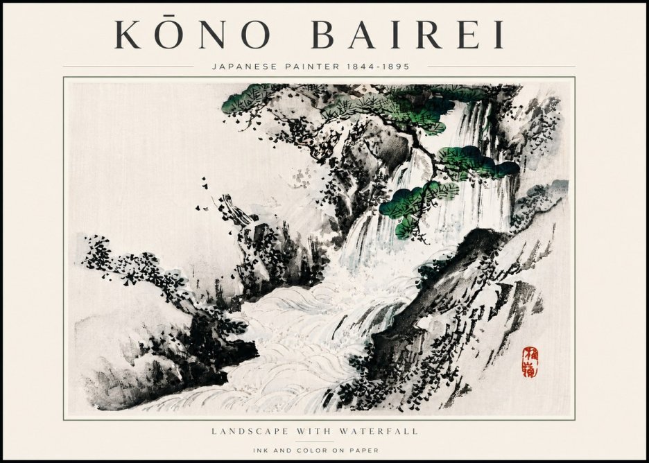 Kōno Bairei Landscape with Waterfall No6 - Poszter