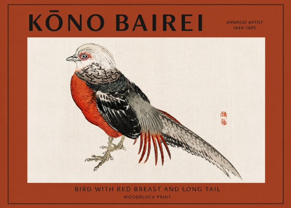 Kōno Bairei Bird with Red Breast and Long Tail No2 - Poszter