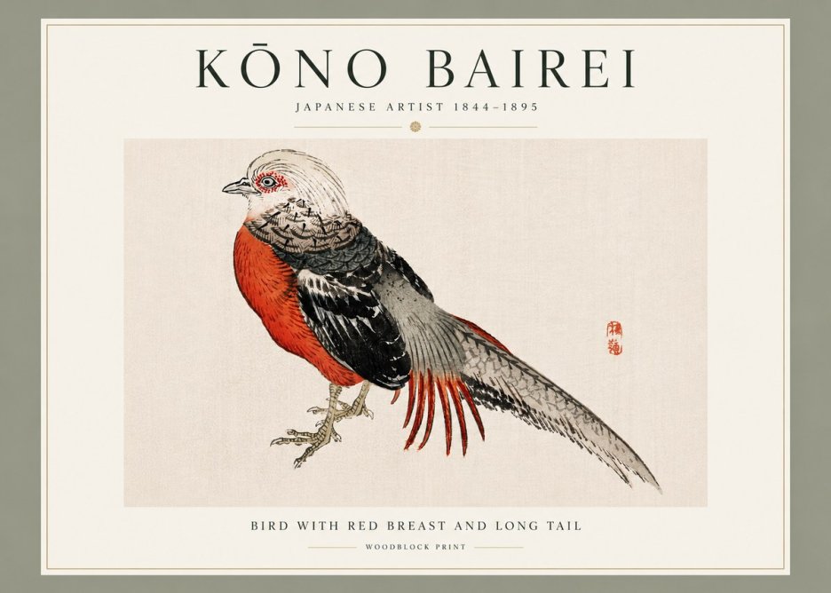Kōno Bairei Bird with Red Breast and Long Tail No3 - Poszter