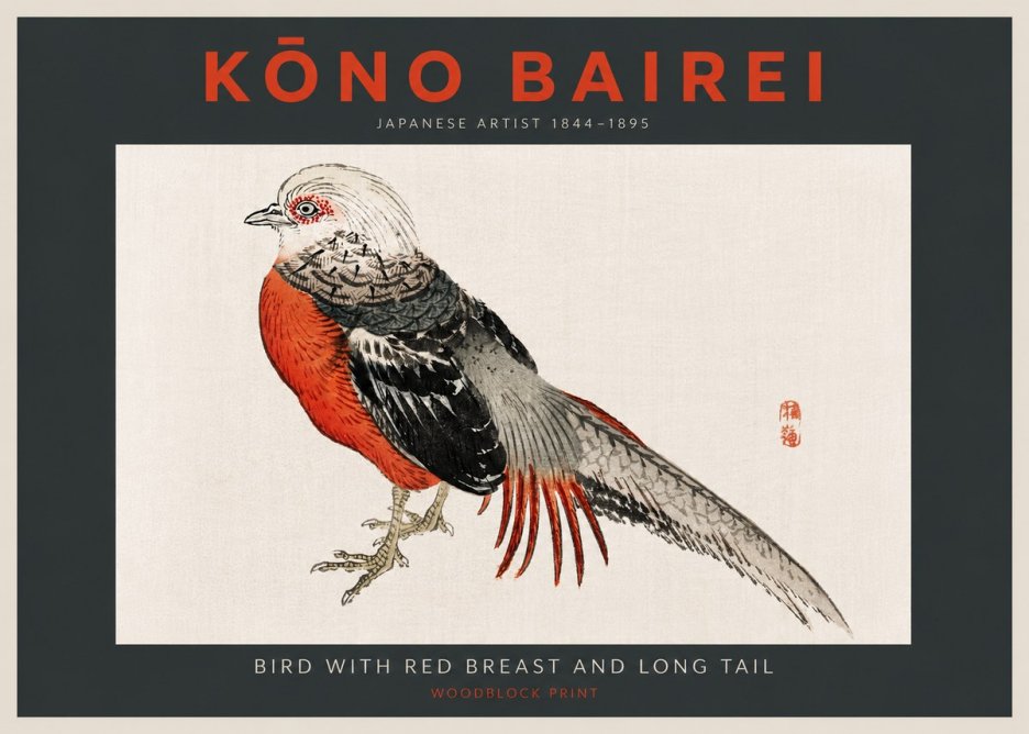 Kōno Bairei Bird with Red Breast and Long Tail No4 - Poszter
