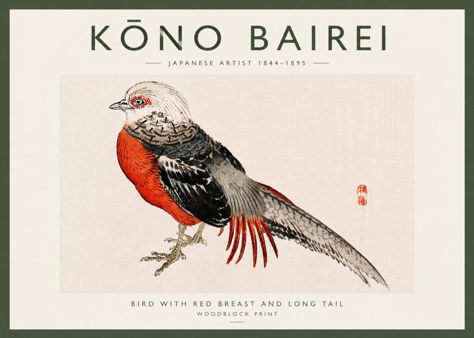 Kōno Bairei Bird with Red Breast and Long Tail No6 - Poszter