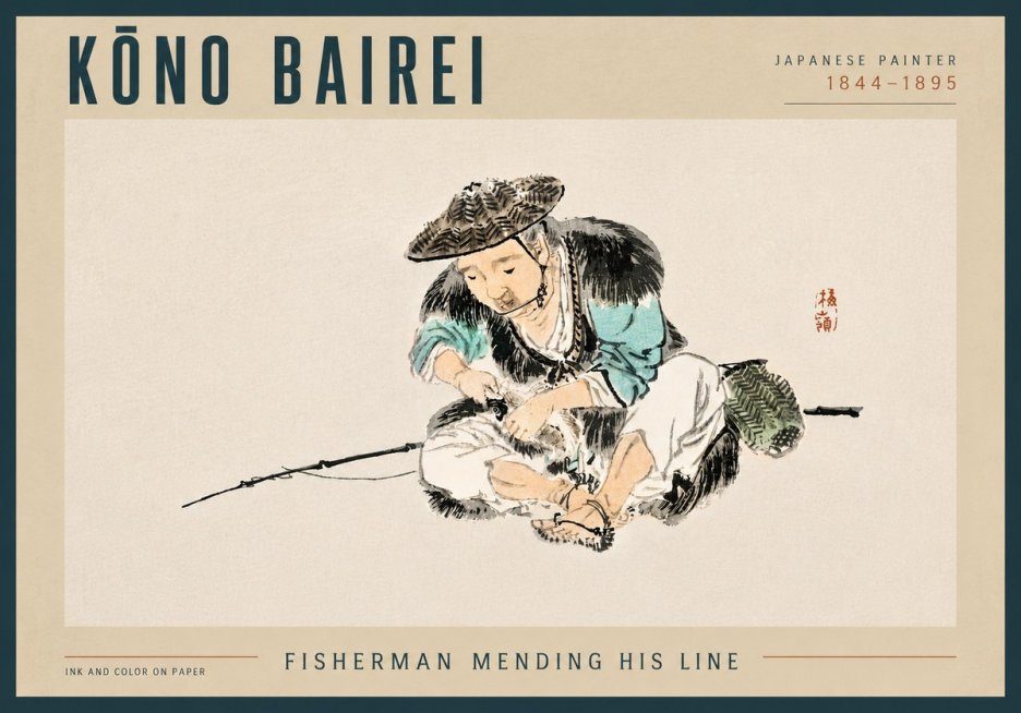 Kōno Bairei Fisherman Mending His Line No4 - Poszter