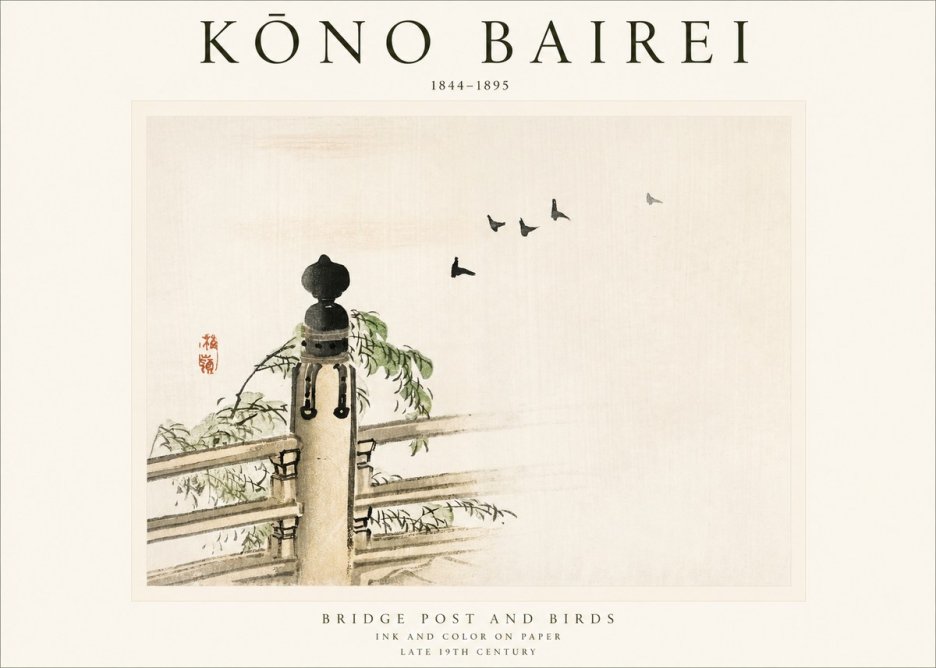 Kōno Bairei Bridge Post and Birds No1 - Poszter